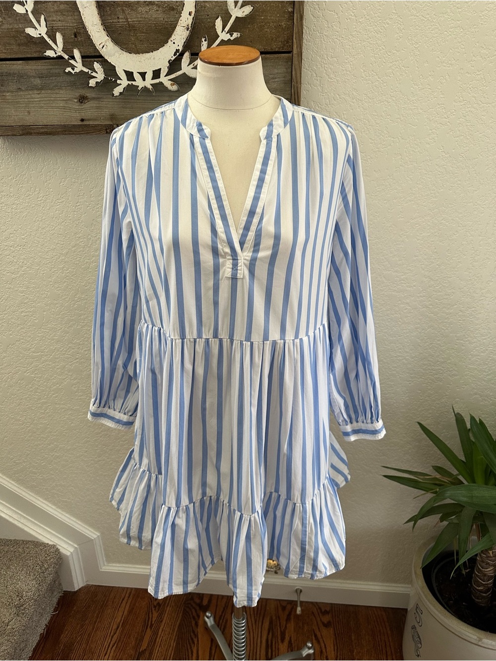 J. Crew Blue and White Vertical Stripe Long Sleeve Tiered Dress size Small